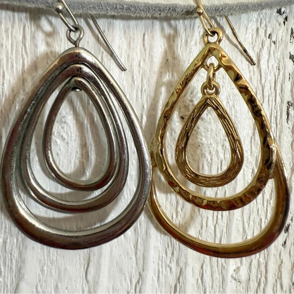 2 Pairs Triple Teardrop Dangle Earrings Gold & Silver Tone 2” Fishhook Versatile